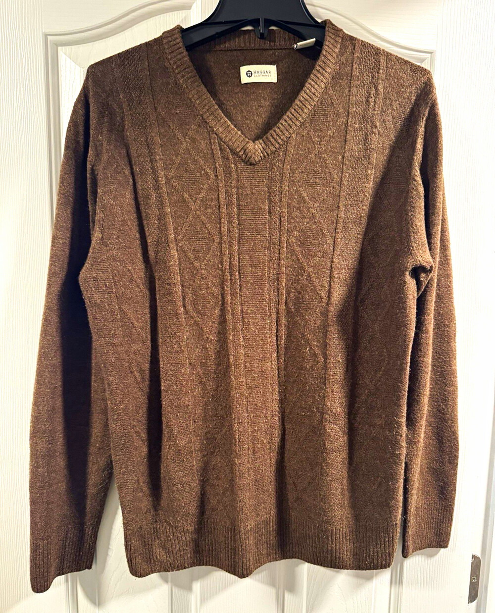 Haggar Men's Brown V-Neck Knit Pullover Sweater Solid Long Sleeve Size M